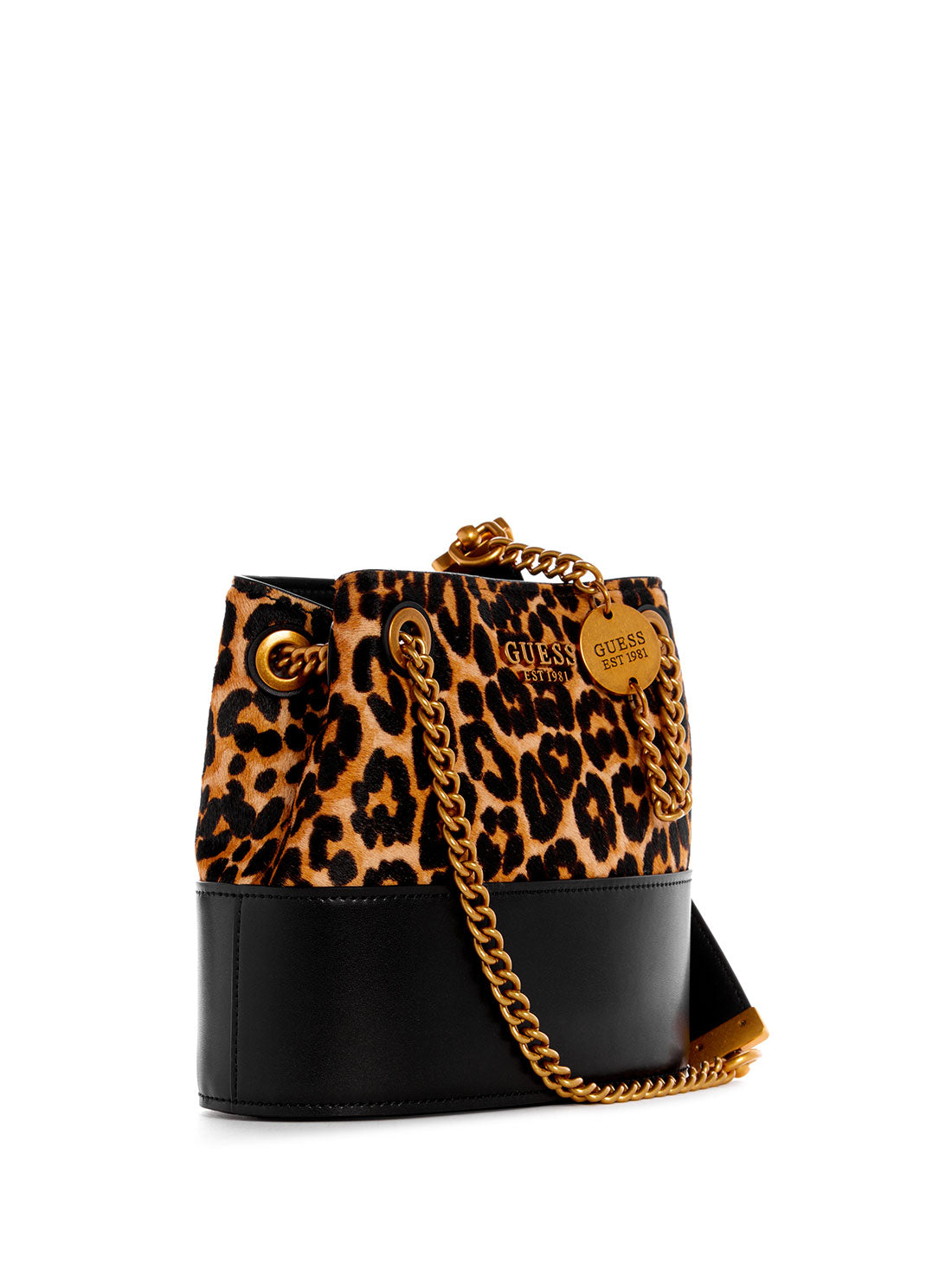GUESS Women's Leopard Iseline Bucket Bag LH896001 Angle View