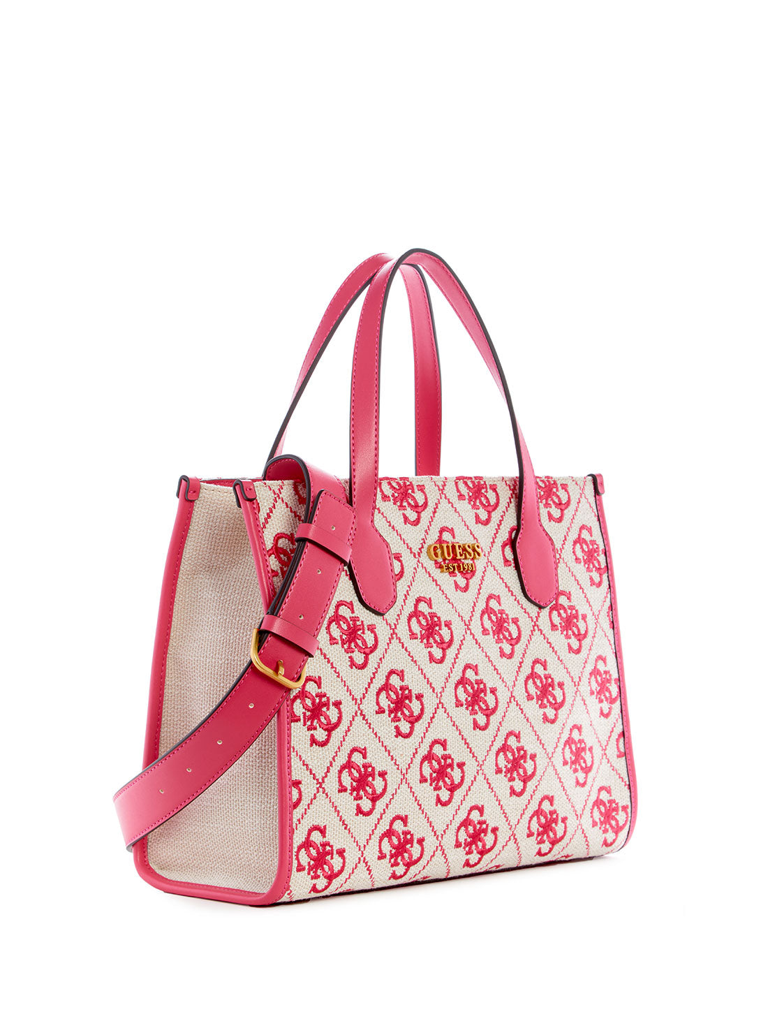 GUESS Women's Magenta Logo Silvana Canvas Tote Bag SE866522 Angle View