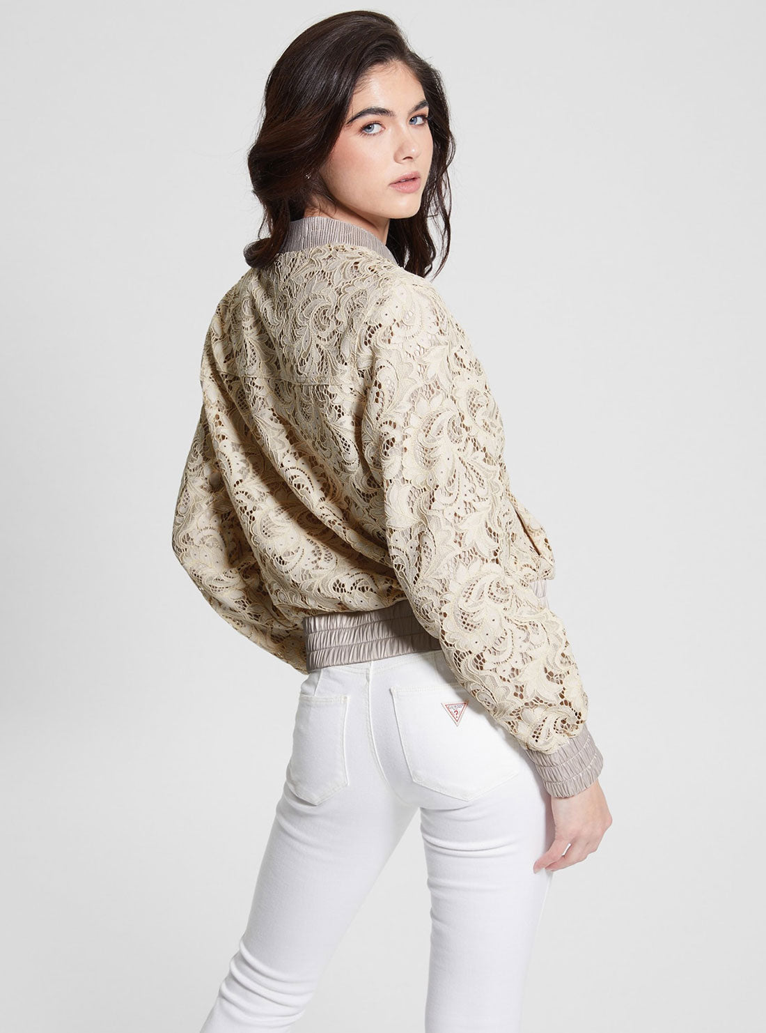 Muted Stone Aisha Lace Bomber Jacket GUESS