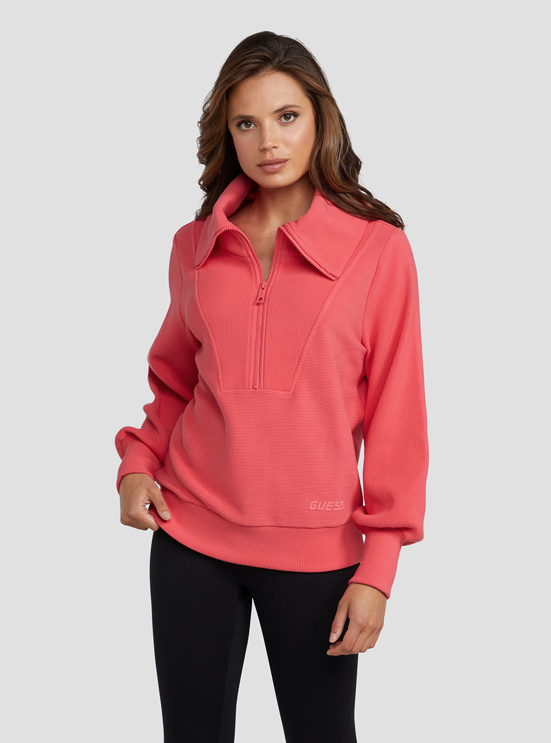 GUESS Women's Pink Deena Active Zip Jumper V3RQ06KBIY0 Front View