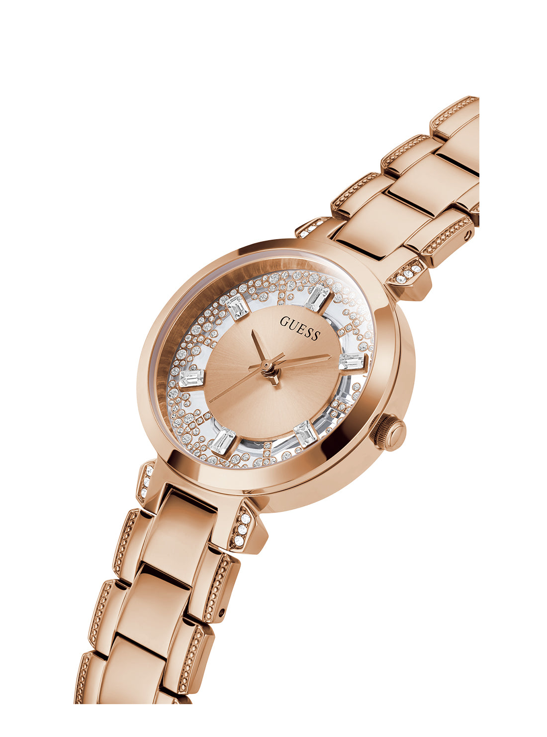 GUESS Women's Rose Gold Crystal Clear Glitz Watch GW0470L3 Angle View