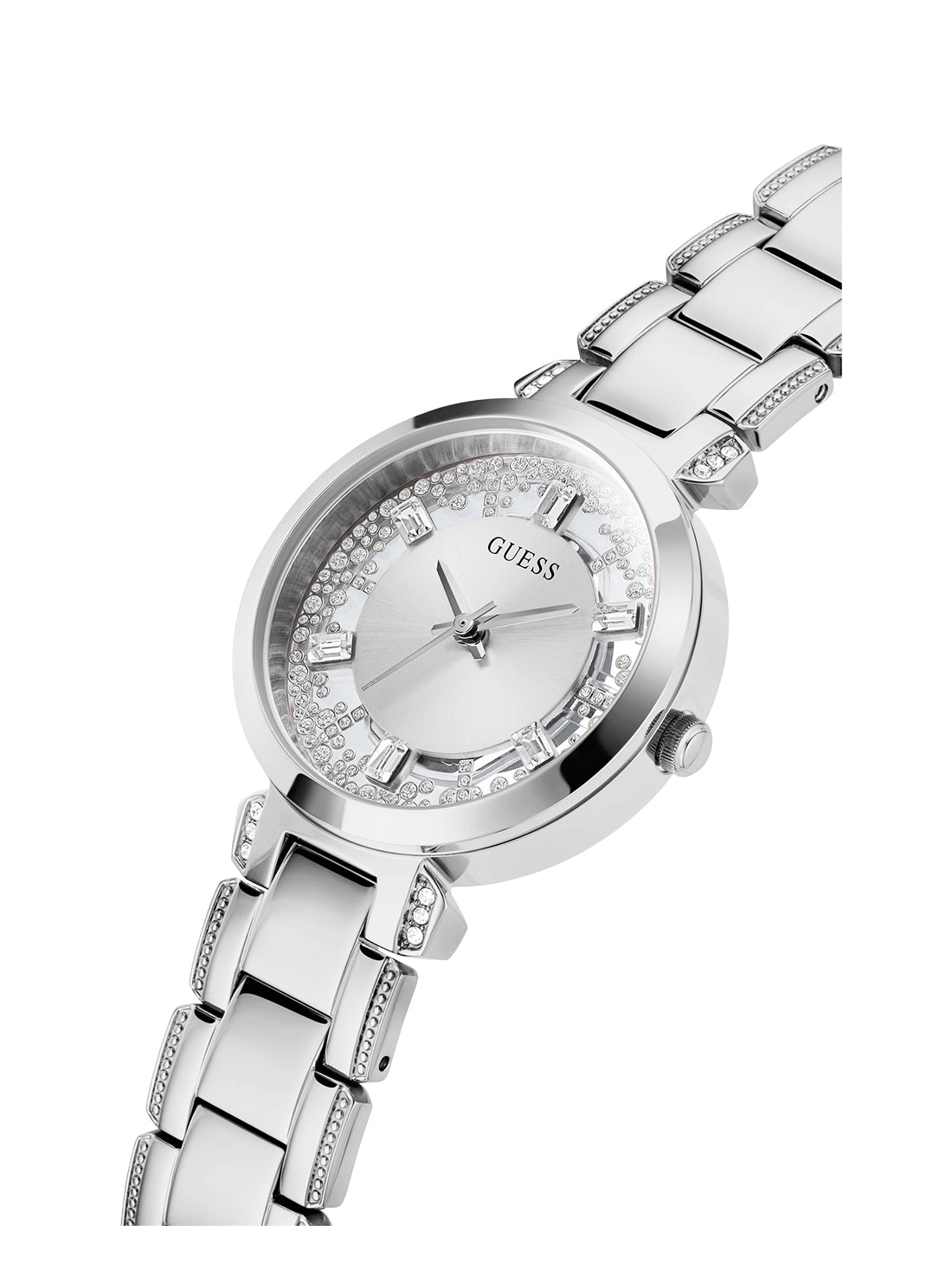 GUESS Women's Silver Crystal Clear Glitz Watch GW0470L1 Angle View