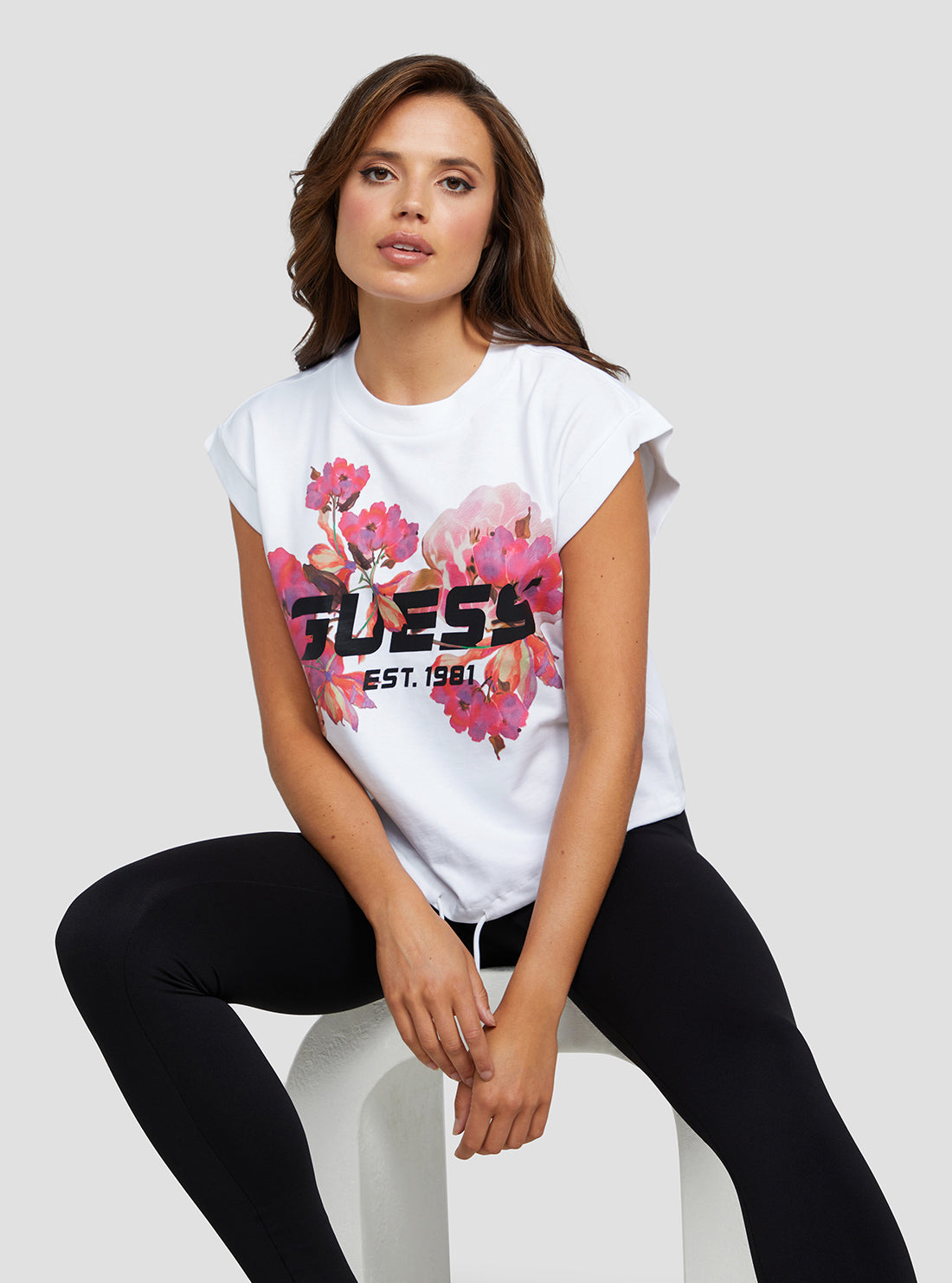 GUESS Women's White Corine Floral Active Crop T-Shirt V3RI05KBC30 Seated View