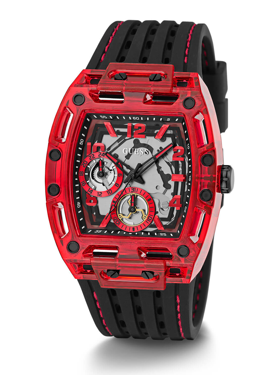 Black Phoenix Red Rectangle Silicone Watch | GUESS men's watches | full view
