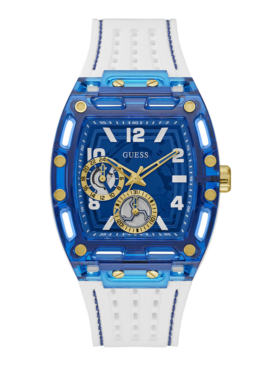 Gold Phoenix Blue Rectangle Silicone Watch | GUESS Men's Watches | front view