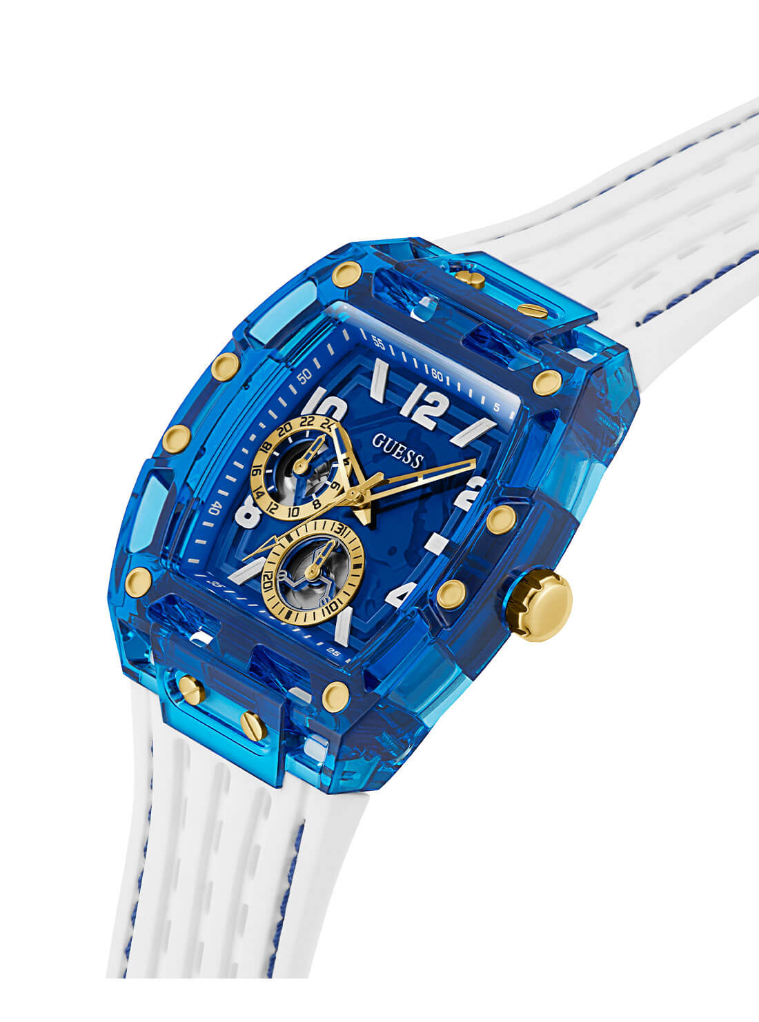 Gold Phoenix Blue Rectangle Silicone Watch | GUESS Men's Watches | detail view
