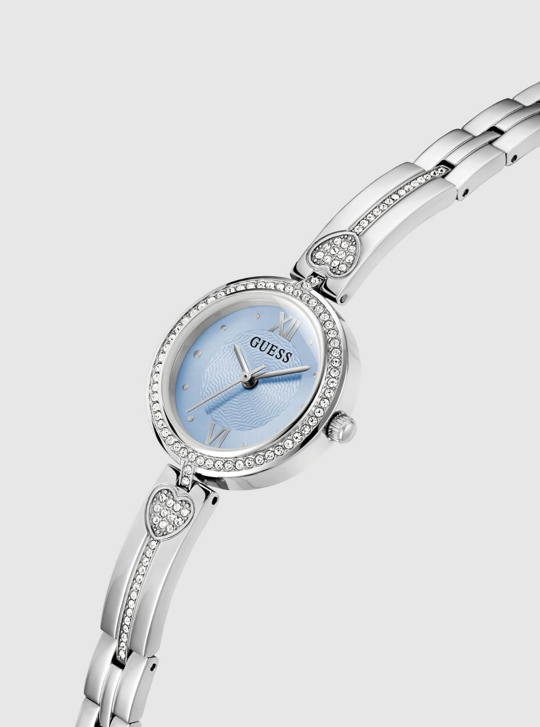 GUESS Womens Silver Blue Dial Lovey Watch GW0655L4 Front Side View