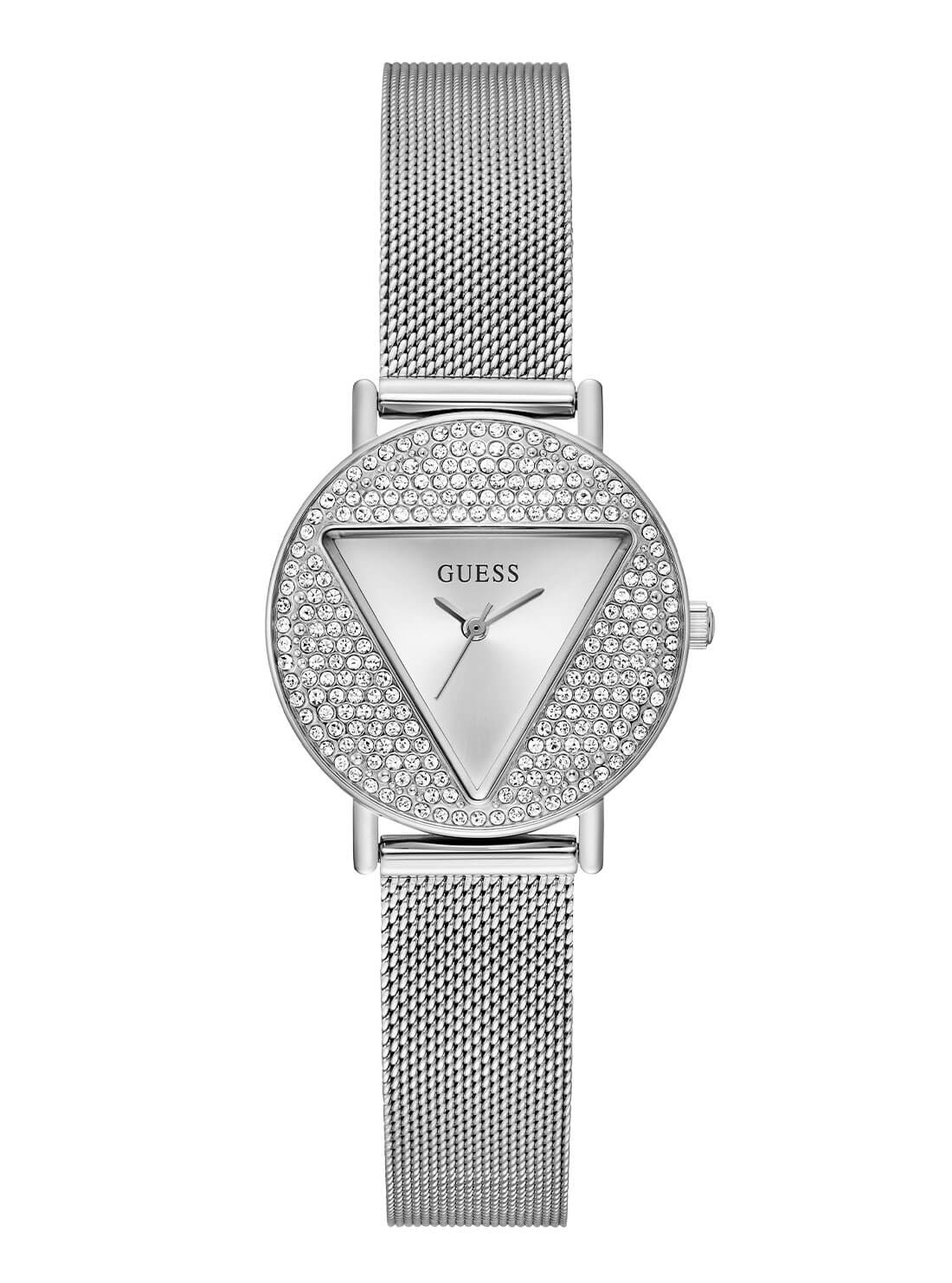 Silver Mini Iconic Glitz Mesh Watch | GUESS Women's Watches | front view