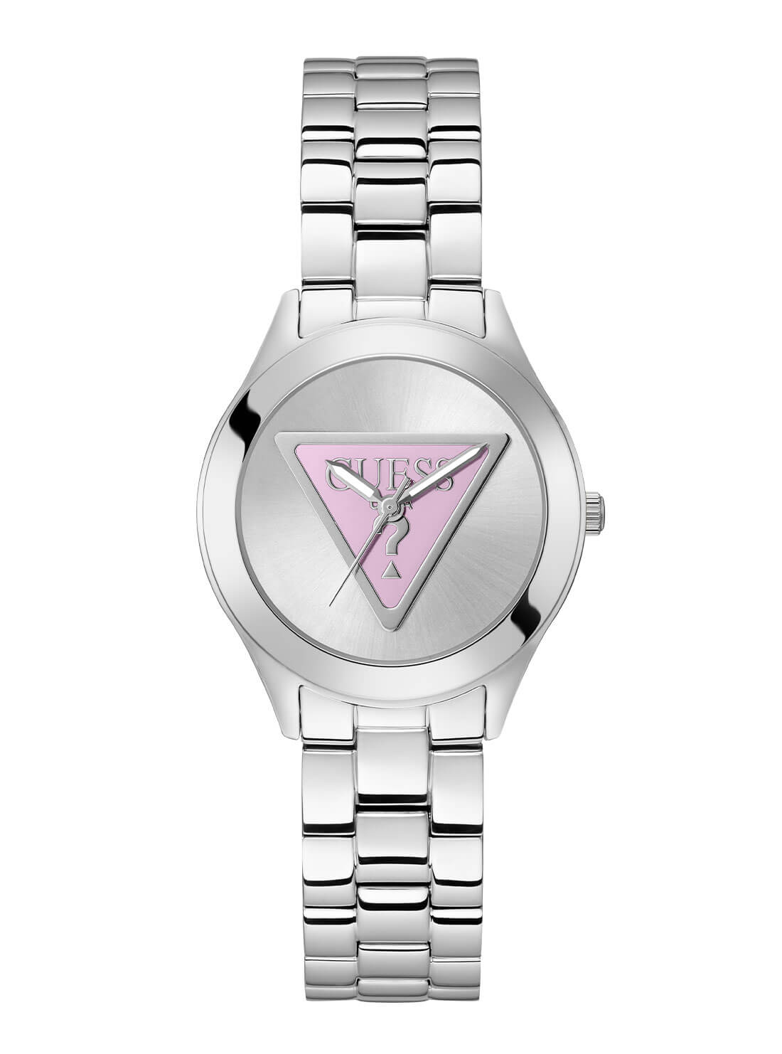 Silver Tri Plaque Pink Link Watch | GUESS Women's Watches | front view