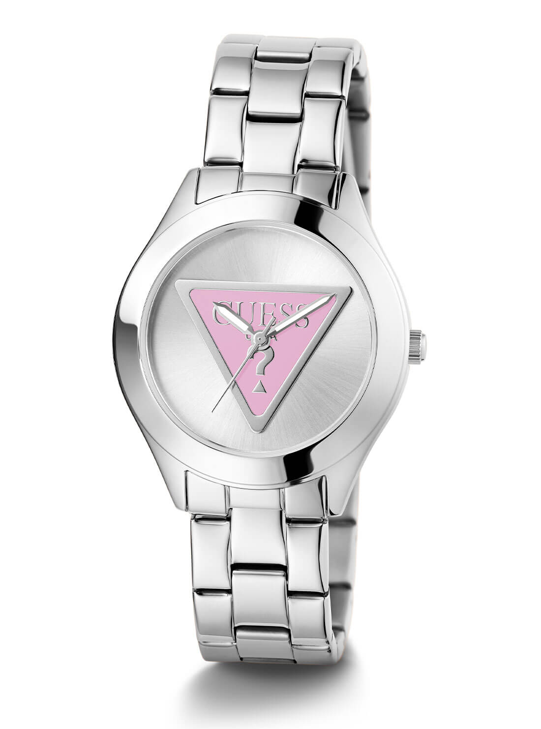 Silver Tri Plaque Pink Link Watch | GUESS Women's Watches | full view