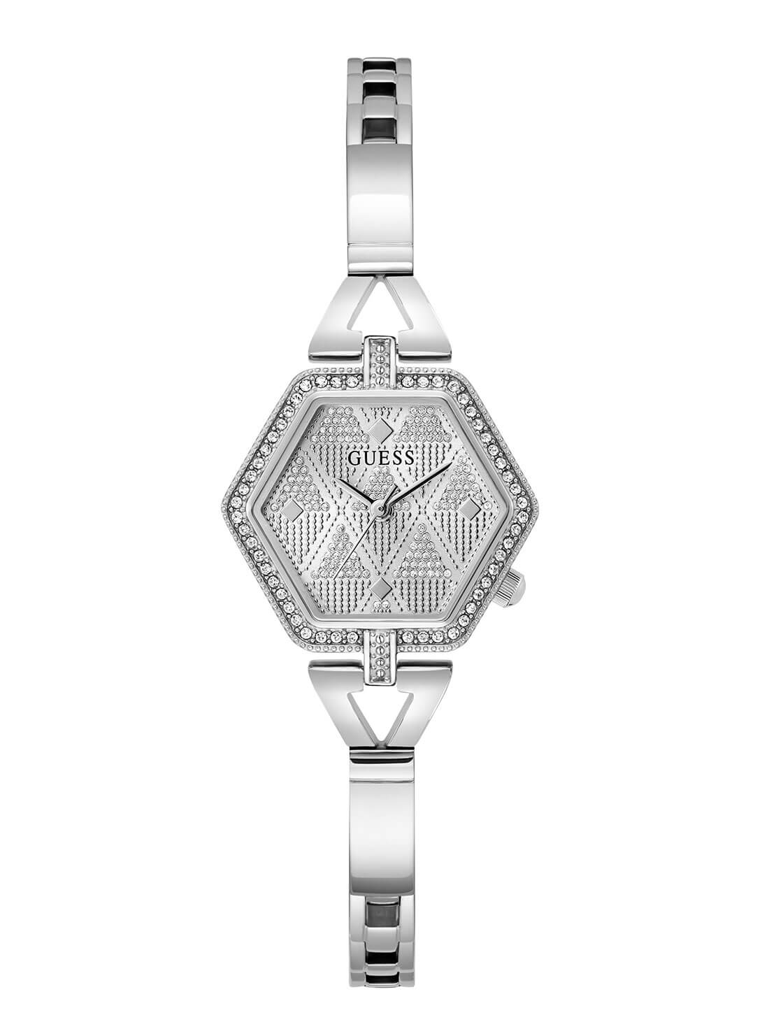 Silver Audrey Glitz Hexagonal Link Watch | GUESS Women's Watches | front view