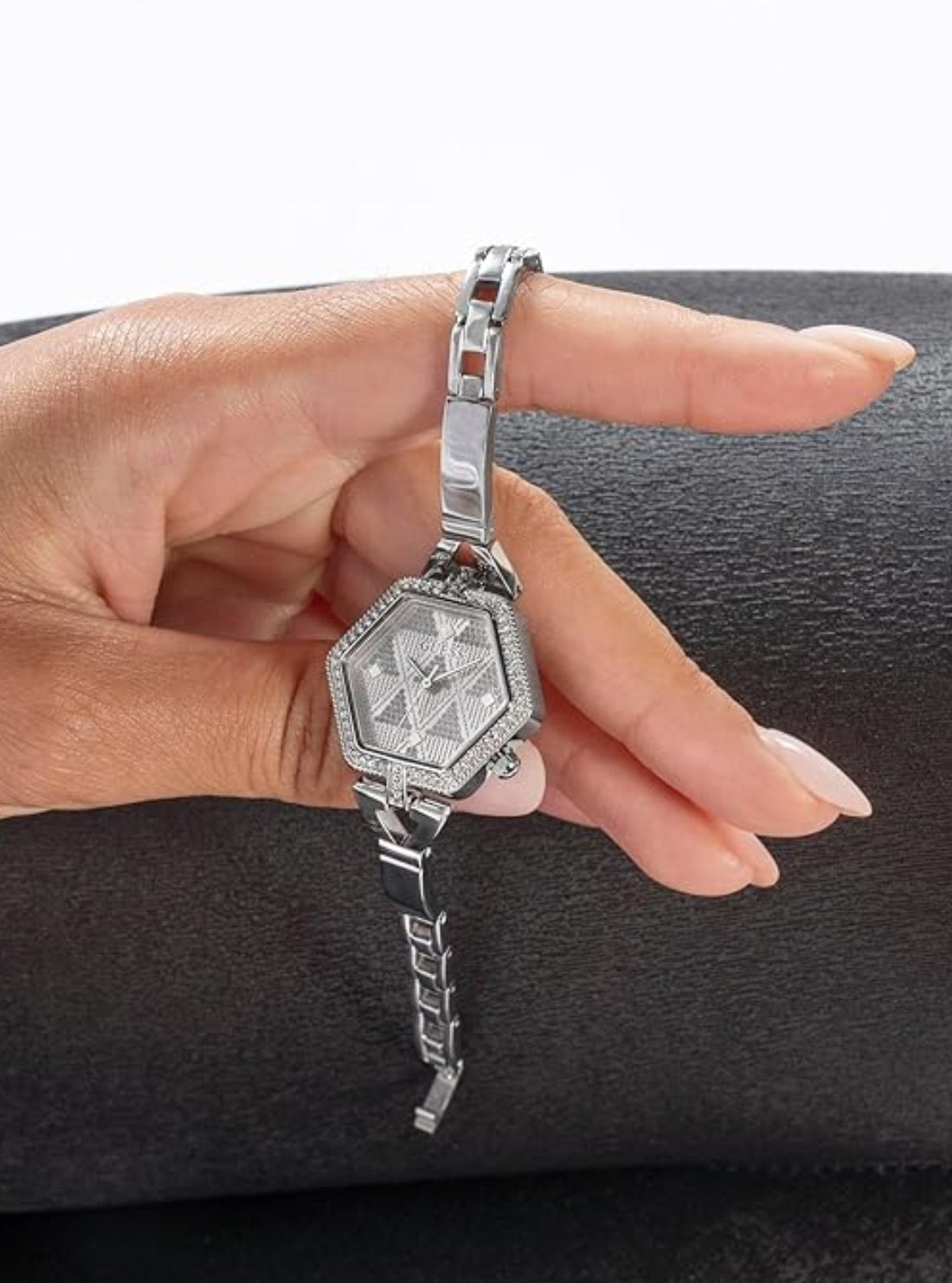 Silver Audrey Glitz Hexagonal Link Watch | GUESS Women's Watches | front view