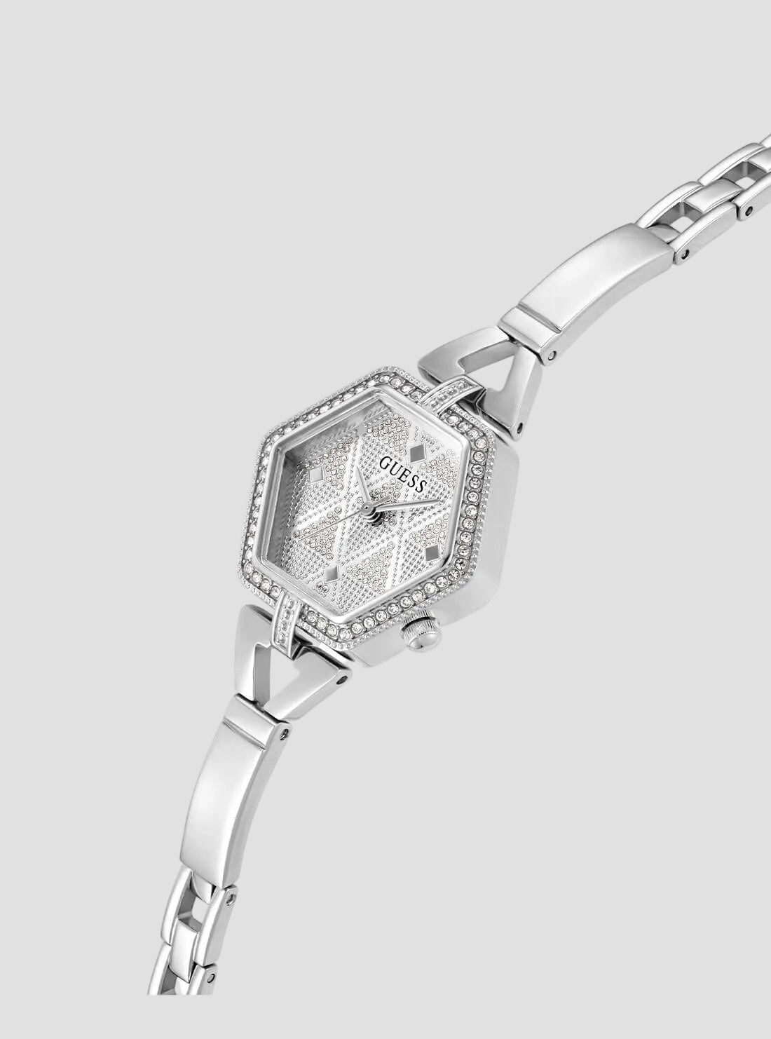 Silver Audrey Glitz Hexagonal Link Watch | GUESS Women's Watches | detail view