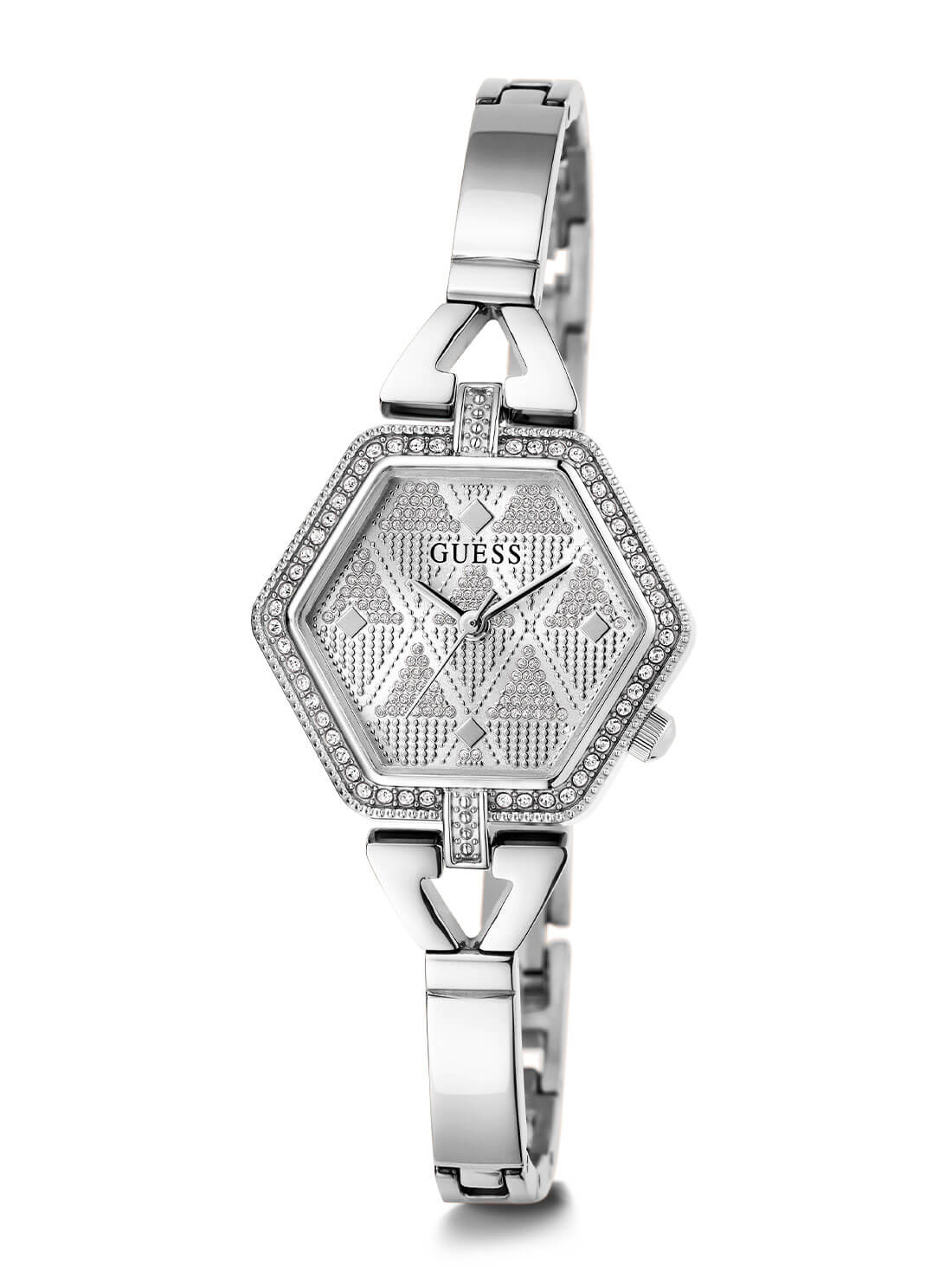 Silver Audrey Glitz Hexagonal Link Watch | GUESS Women's Watches | full view