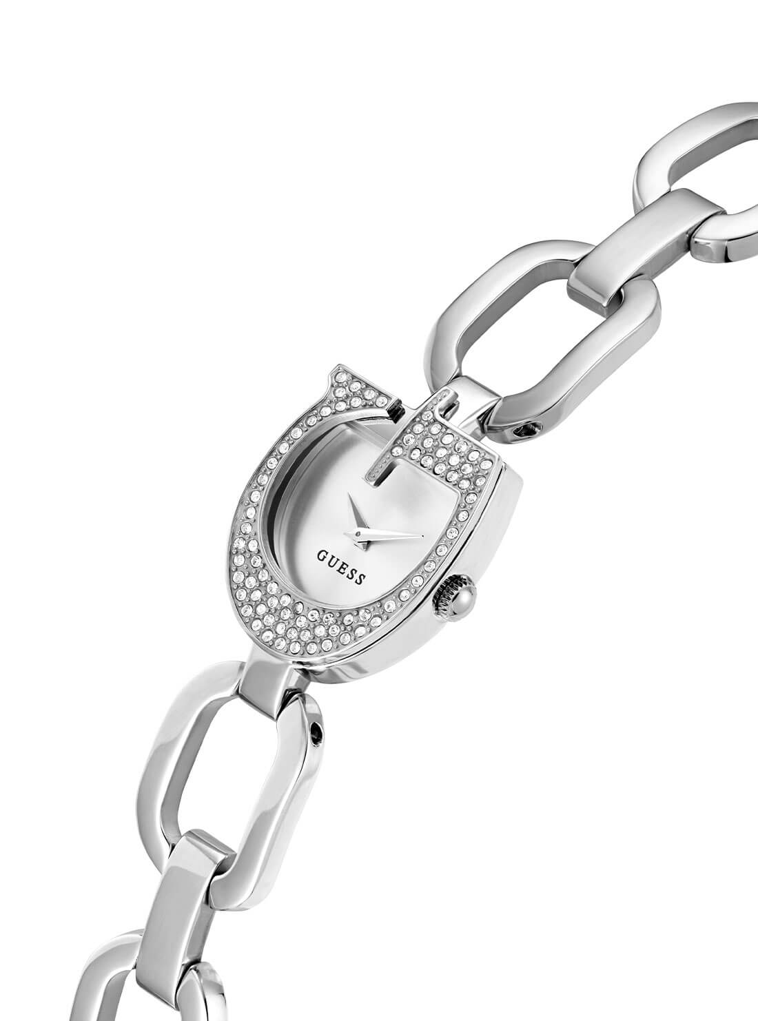 Silver Gia Logo Link Watch | GUESS Women's Watches | detail view