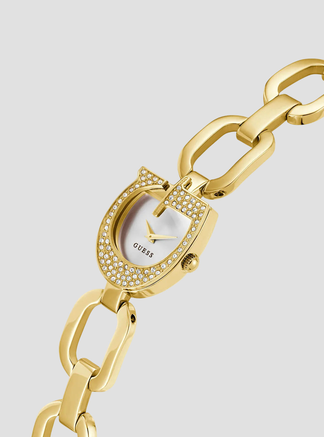 Gold Gia Logo Link Bracelet Watch | GUESS Women's Watches | detail view