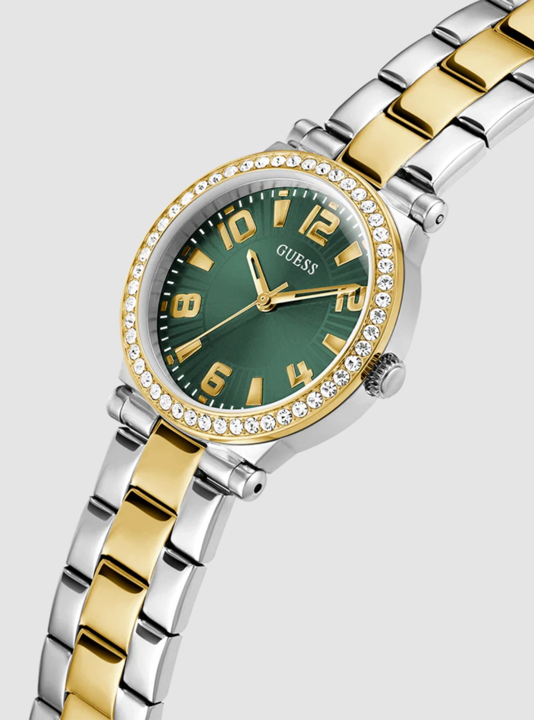 GUESS Accessories Gold and Silver Crystal Fawn Link Watch GW0686L22 Front Side View