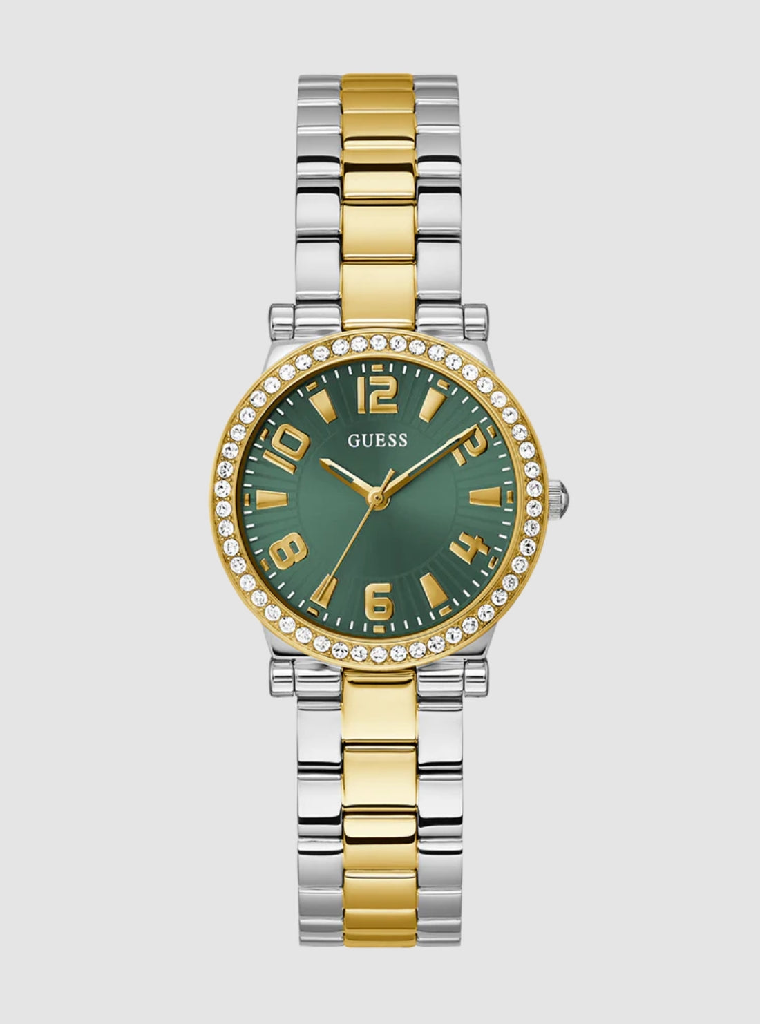 GUESS Accessories Gold and Silver Crystal Fawn Link Watch GW0686L22 Front View