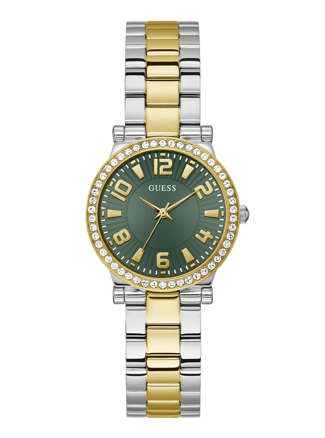 Gold and Silver Crystal Fawn Link Watch | GUESS Women's Watches | front view