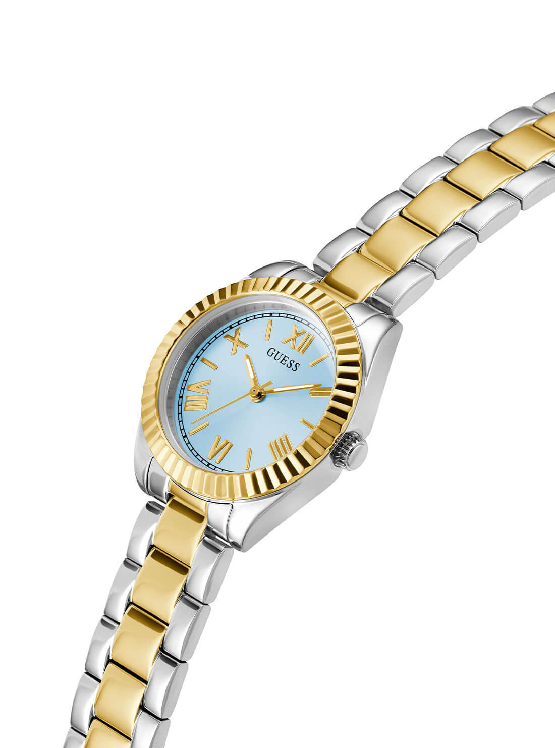 Gold and Silver Mini Luna Blue Dial Vintage Link Watch | GUESS Women's Watches | detail view