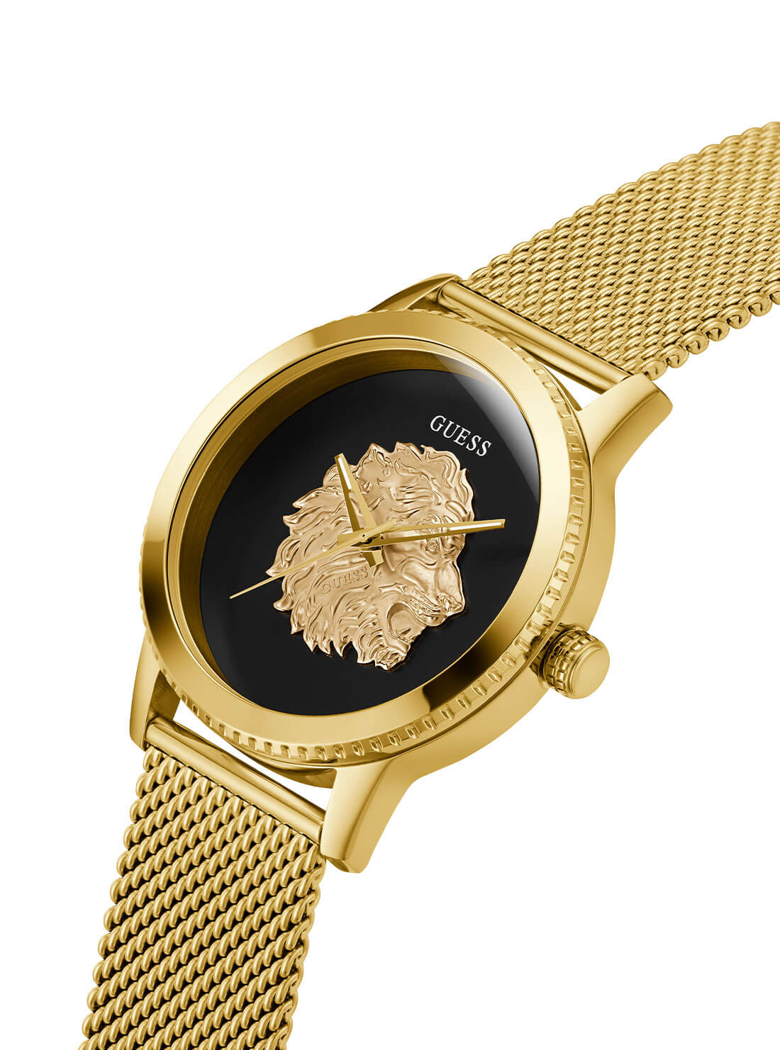 Gold Monarch Black Lion Mesh Watch | GUESS men's Watches | detail view