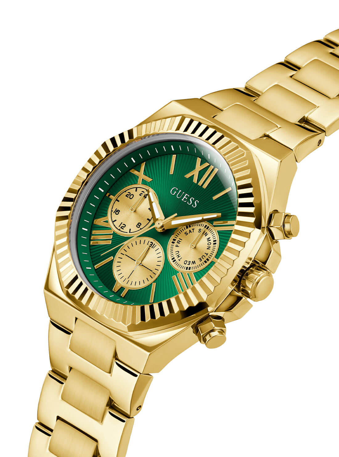 Gold Equity Green Link Watch | GUESS Men's Watches | detail view