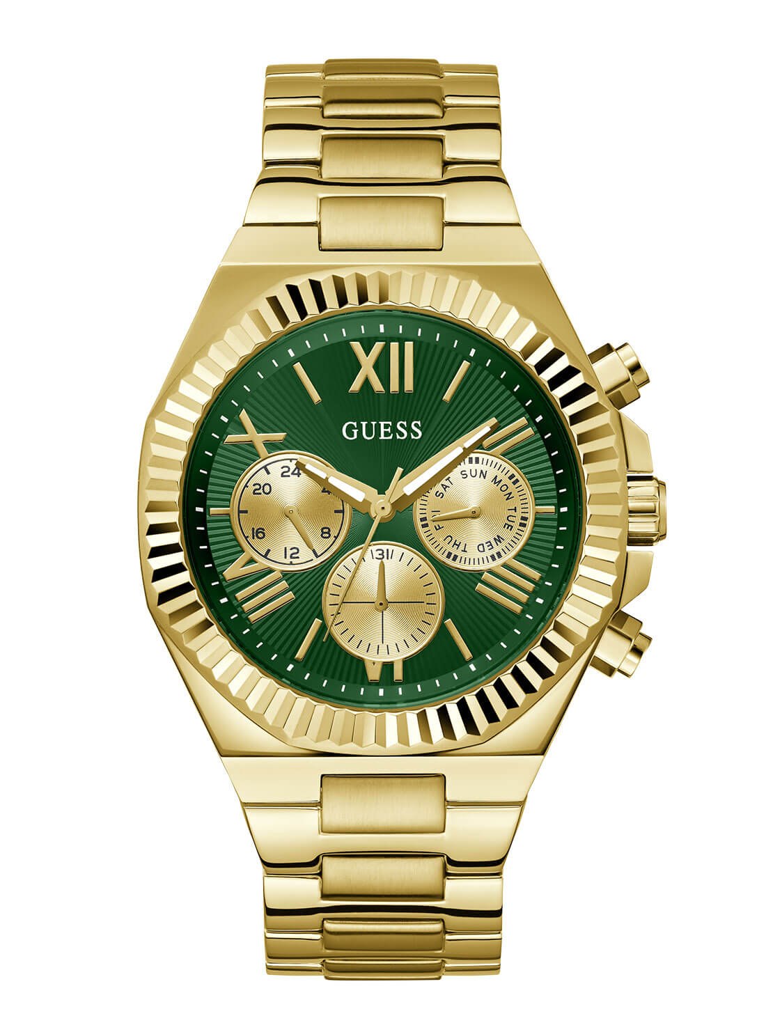 Gold Equity Green Link Watch | GUESS Men's Watches | front view