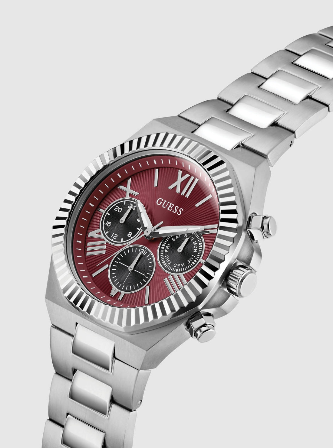 GUESS Accessories Silver Red Dial Equity Watch GW0703G7 Front Side View