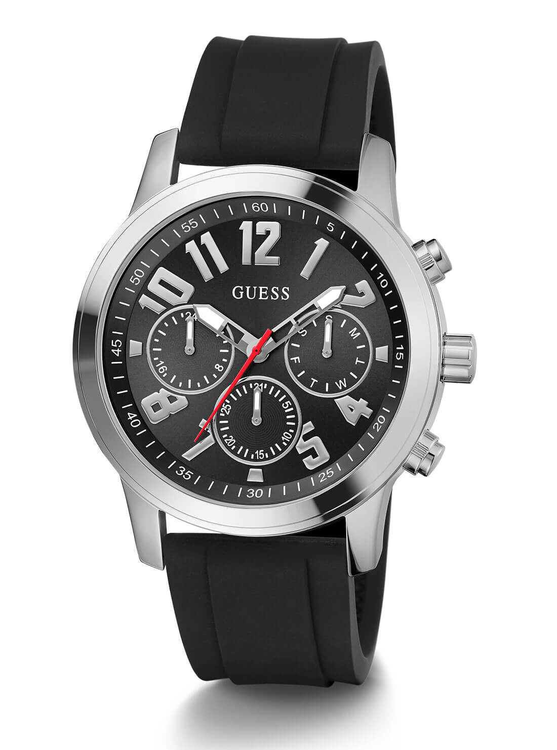 Silver Parker Black Silicone Watch | GUESS Men's Watches | full view