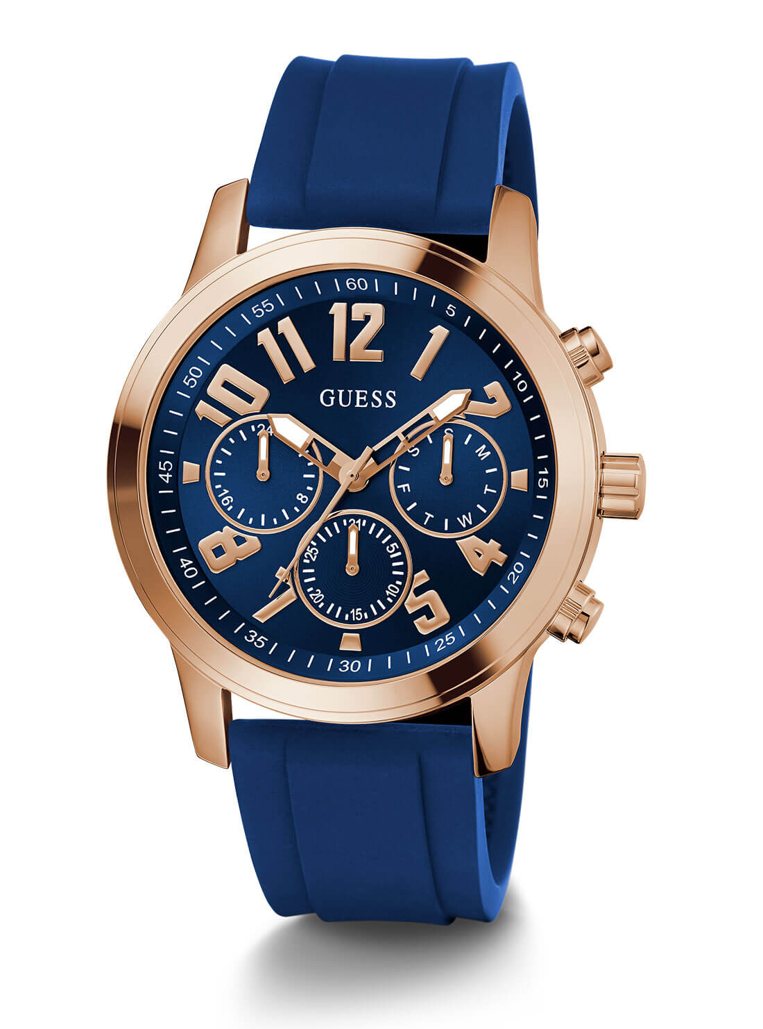 Gold Parker Navy Blue Silicone Watch | GUESS Men's Watches | full view