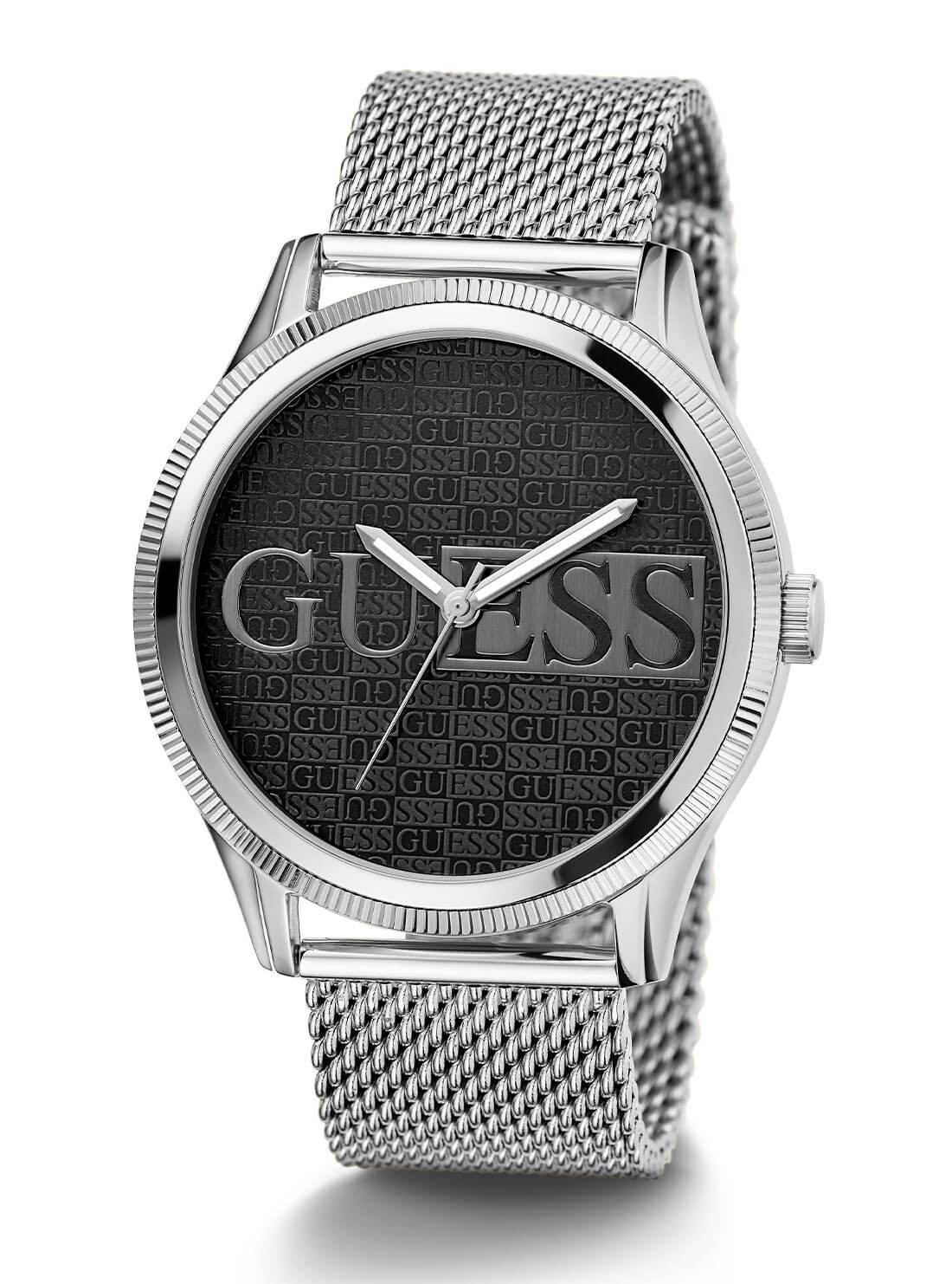 Silver Reputation Black Logo Mesh Watch | GUESS Men's Watches | full view