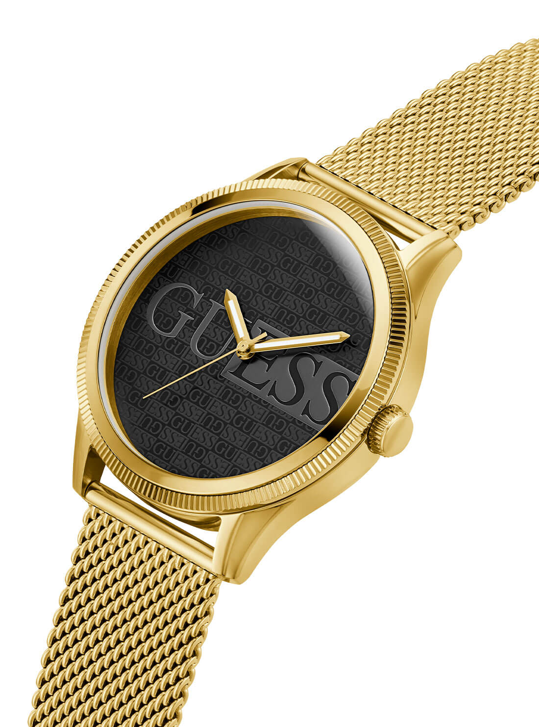Gold Reputation Black Logo Mesh Watch | GUESS Men's Watches | detail view