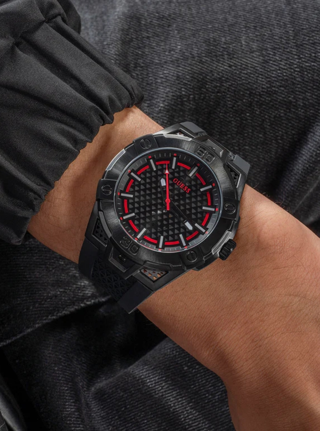 Black Network Silicone Watch | GUESS Men's Watches | Model View