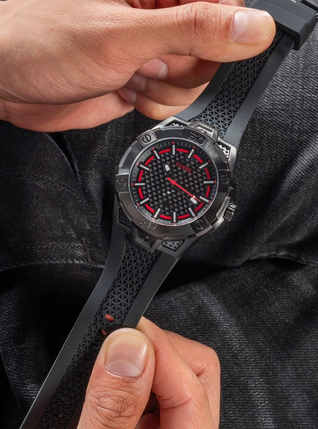 Black Network Silicone Watch | GUESS Men's Watches | front view