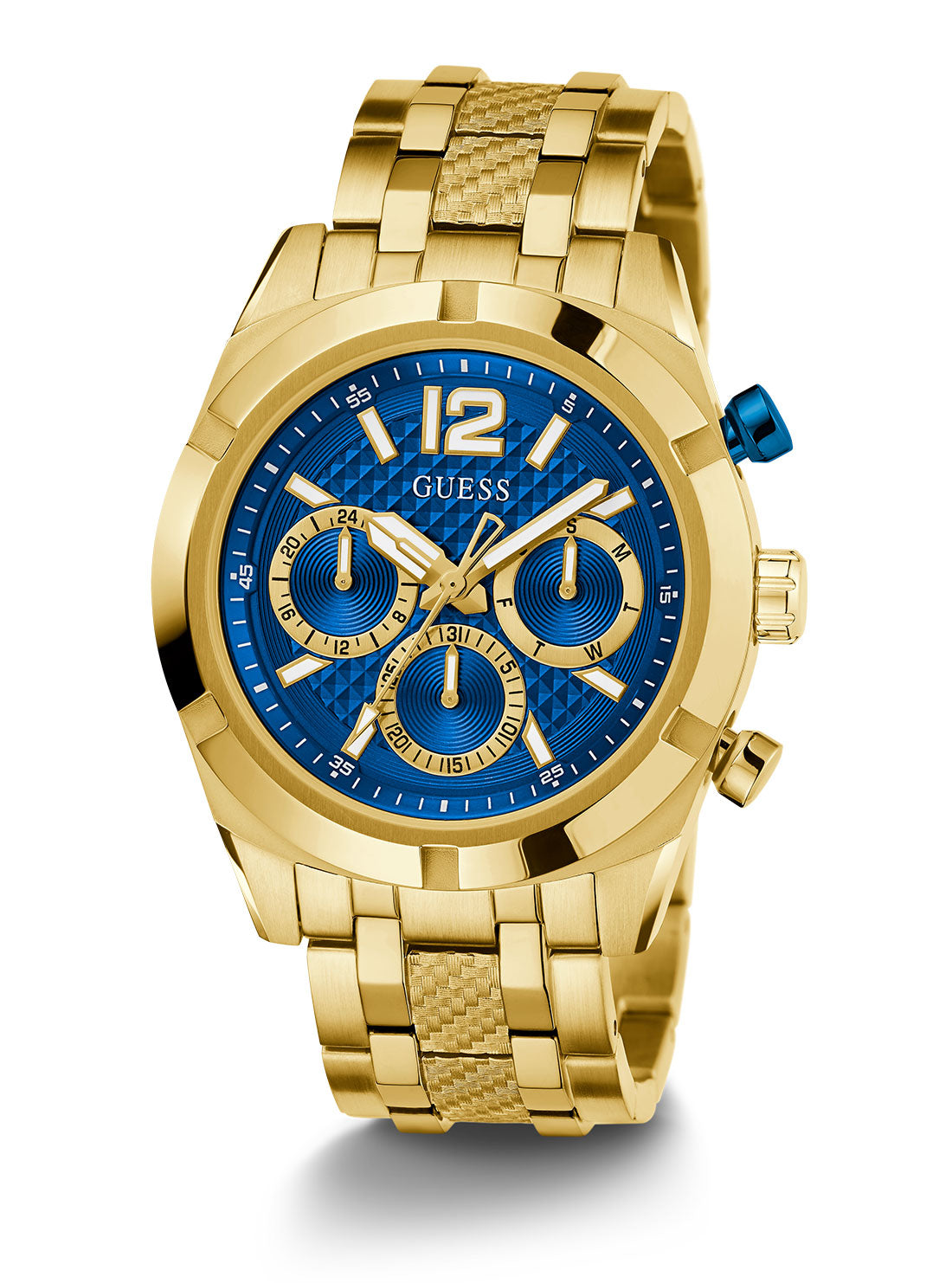 Gold Resistance Blue Link Watch | GUESS Men's Watches | full view