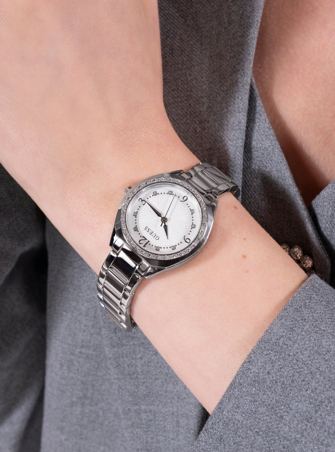 GUESS Accessories Silver Charlotte Crystal Bracelet Watch GW0767L1 Front View
