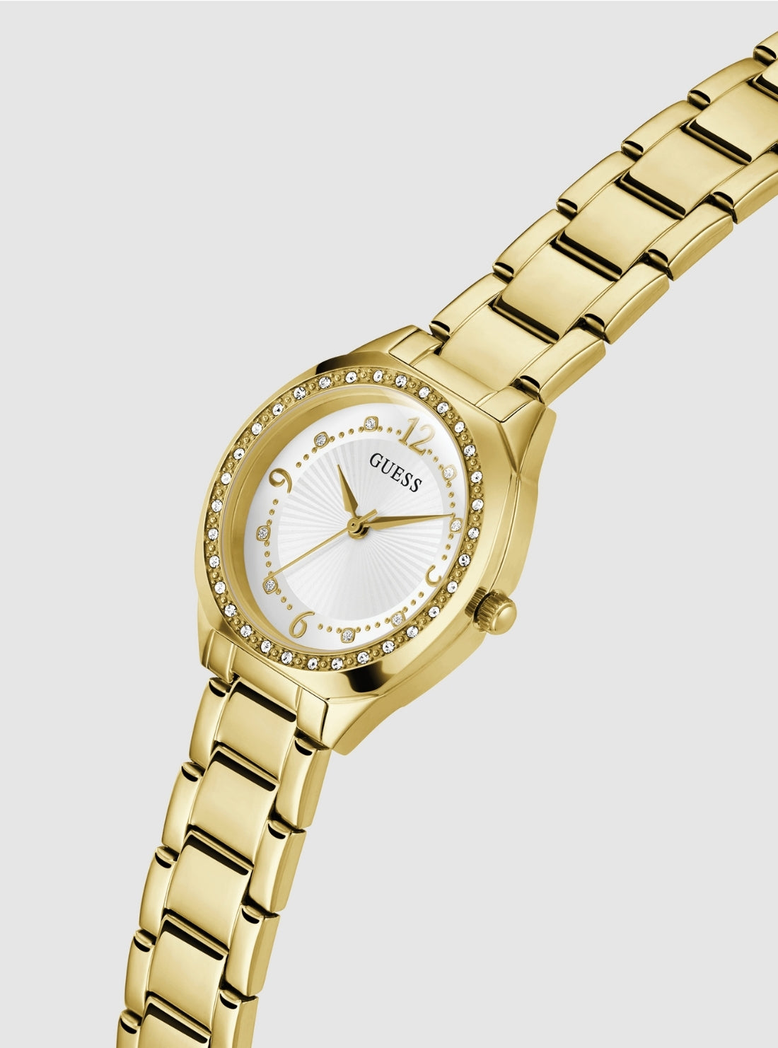 GUESS Accessories Gold Charlotte Chrystal Link Watch GW0767L2 Front Side View