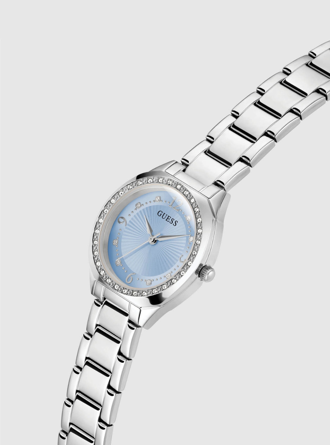 GUESS Accessories Silver Blue Dial Charlotte Watch GW0767L6 Front Side View