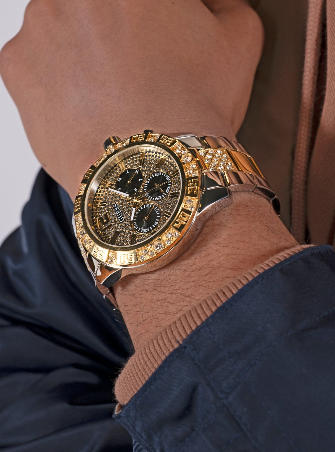 GUESS Accessories Gold Silver Majestic Link Watch GW0796G3 Detail View