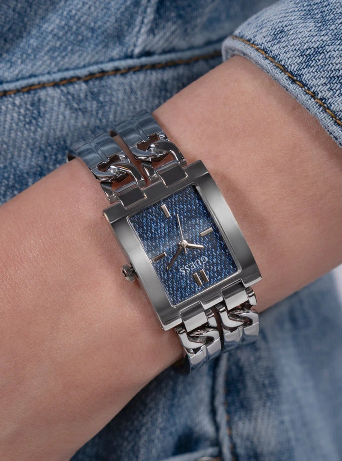 GUESS Accessories Silver Mod Denim Dial Link Watch GW0807L1 Model View