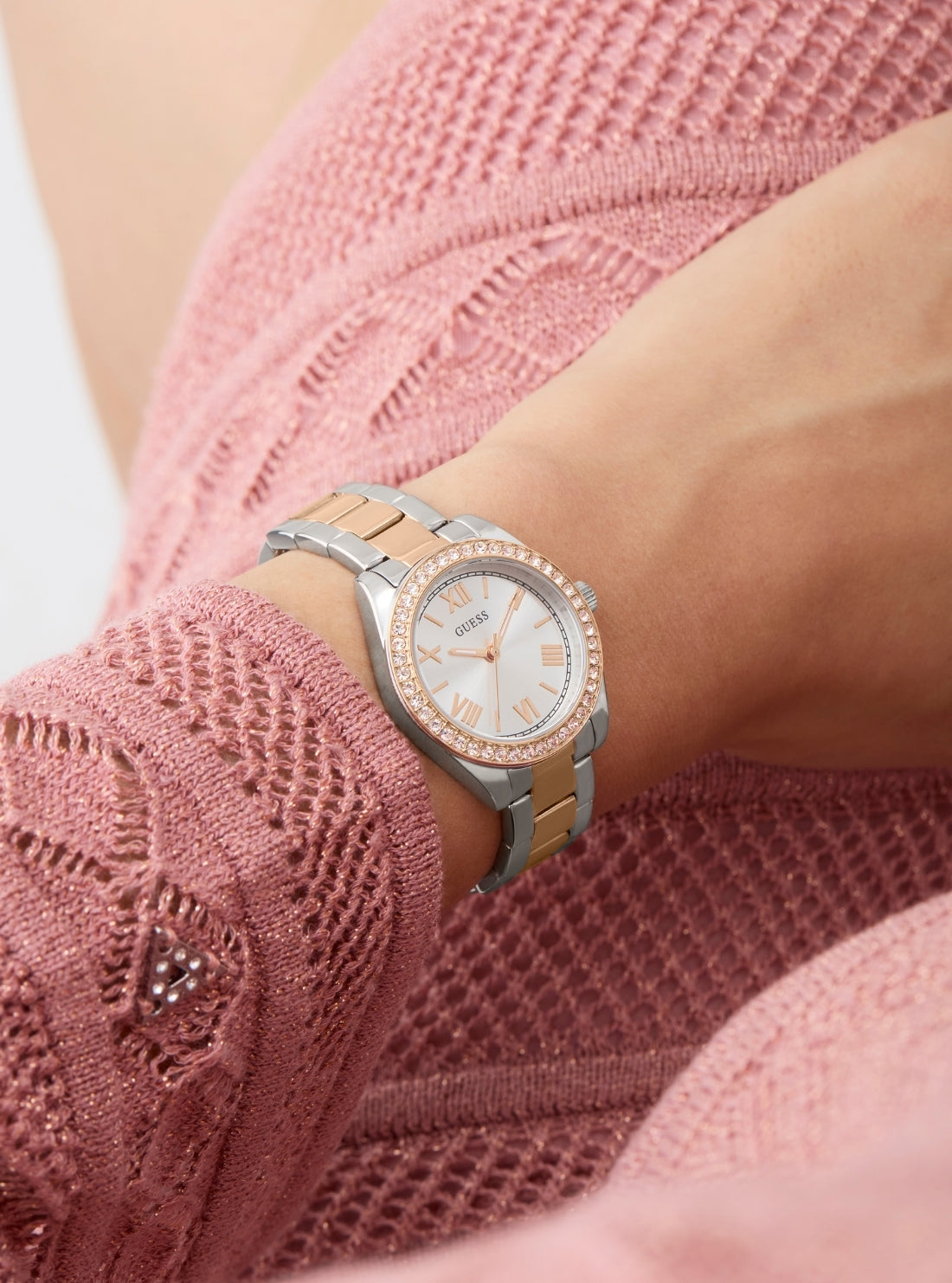 GUESS Accessories Silver Rose-Gold Mini Luna Watch GW0841L3 Detail View