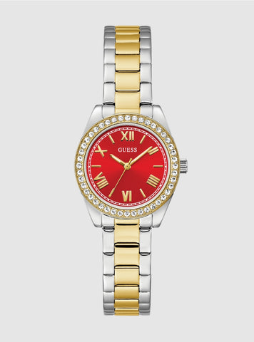 GUESS Accessories Two Tone Mini Luna Red Dial Watch GW0841L8 Front View