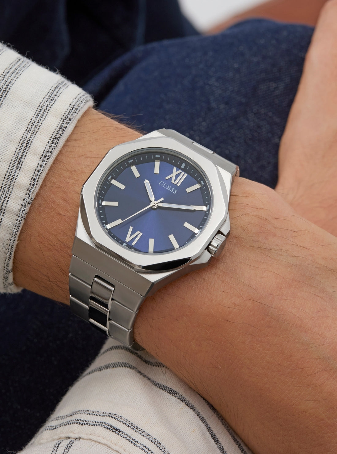 GUESS Accessories Silver Emperor Blue Dial Watch GW0849G1 Front View