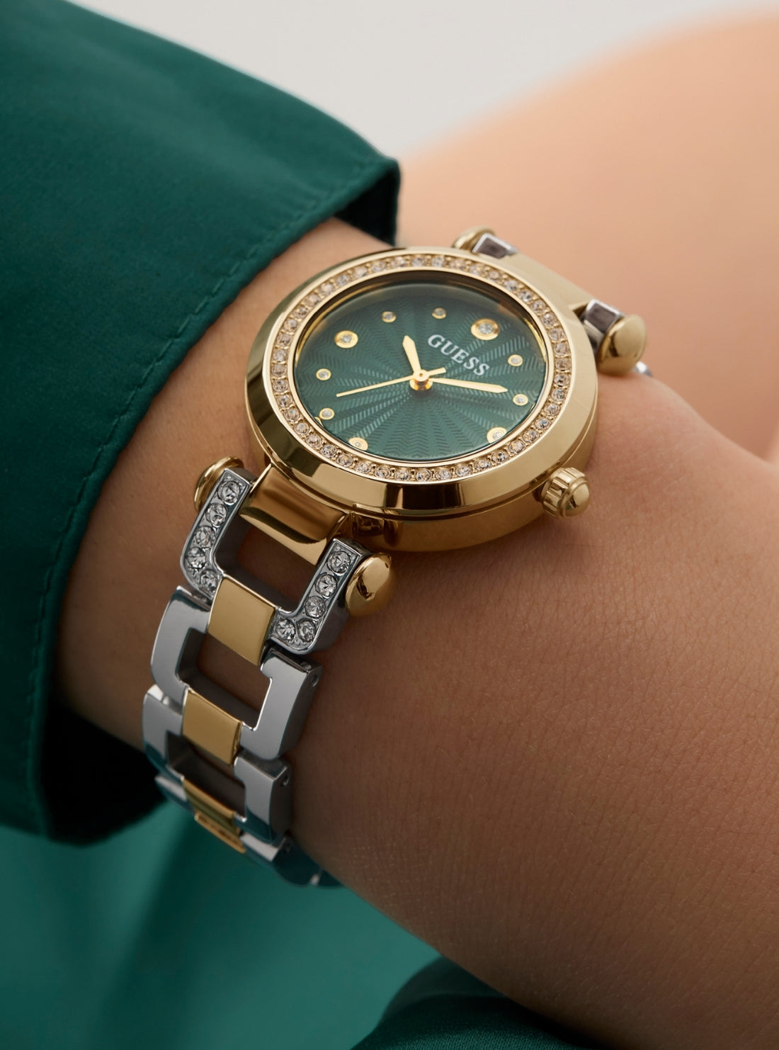 GUESS Accessories Two Tone Green Dial Watch GW0869L1 Detail View