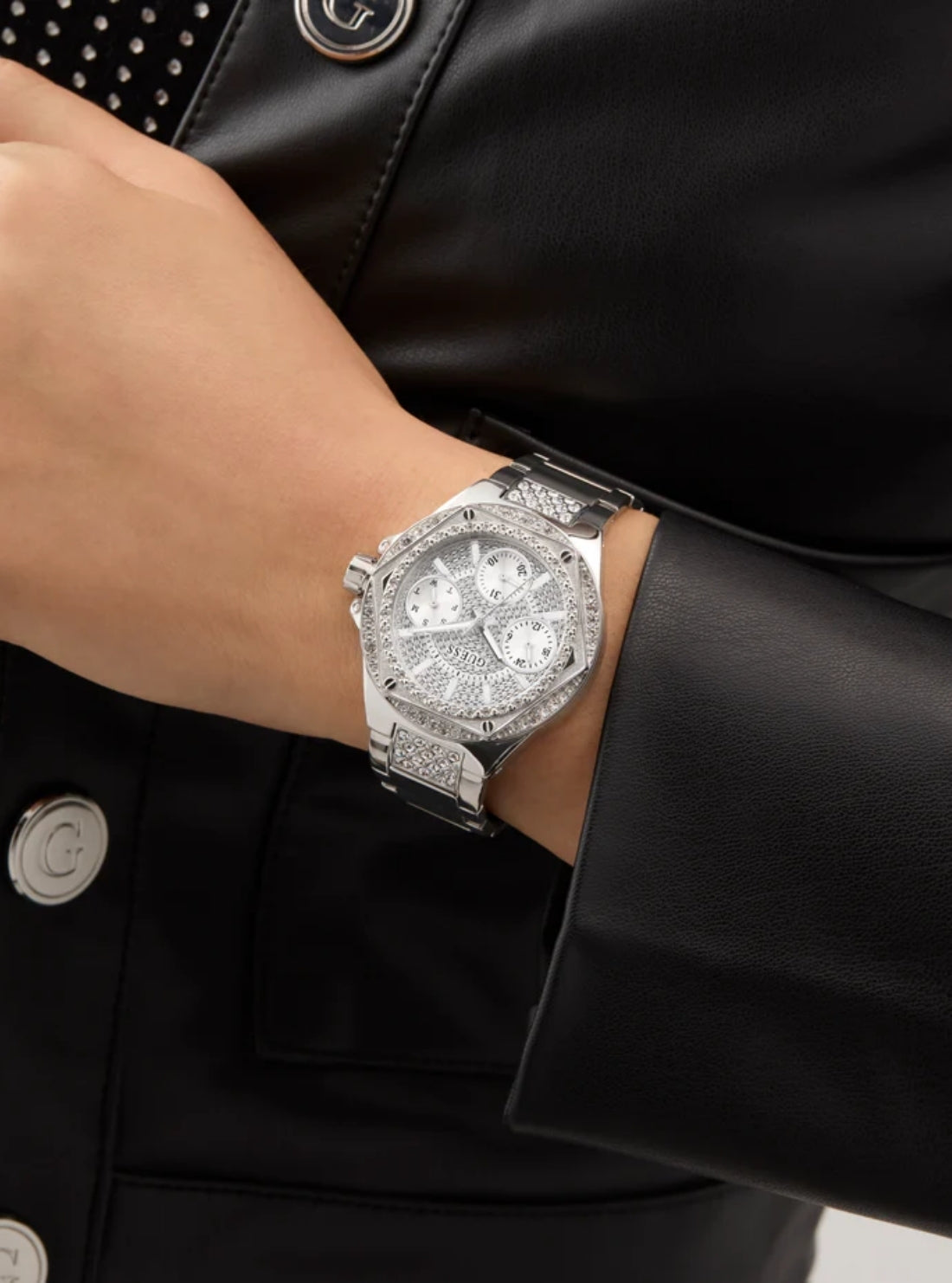 GUESS Accessories Silver Crystal Envy Multifunction Watch GW0878L1 Model View