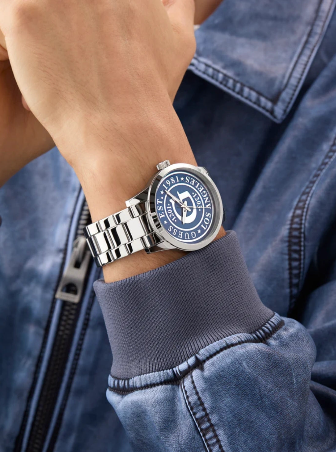 GUESS Accessories Silver Collegiate Blue Dial Watch GW0888G1 Model View