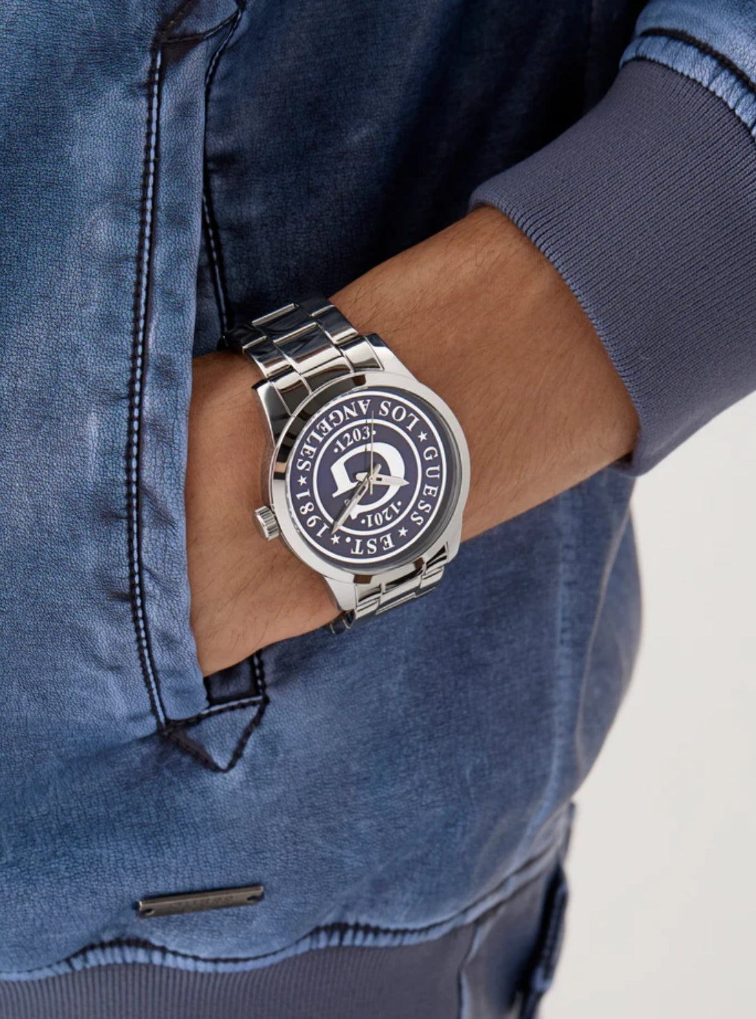 GUESS Accessories Silver Collegiate Blue Dial Watch GW0888G1 Model View