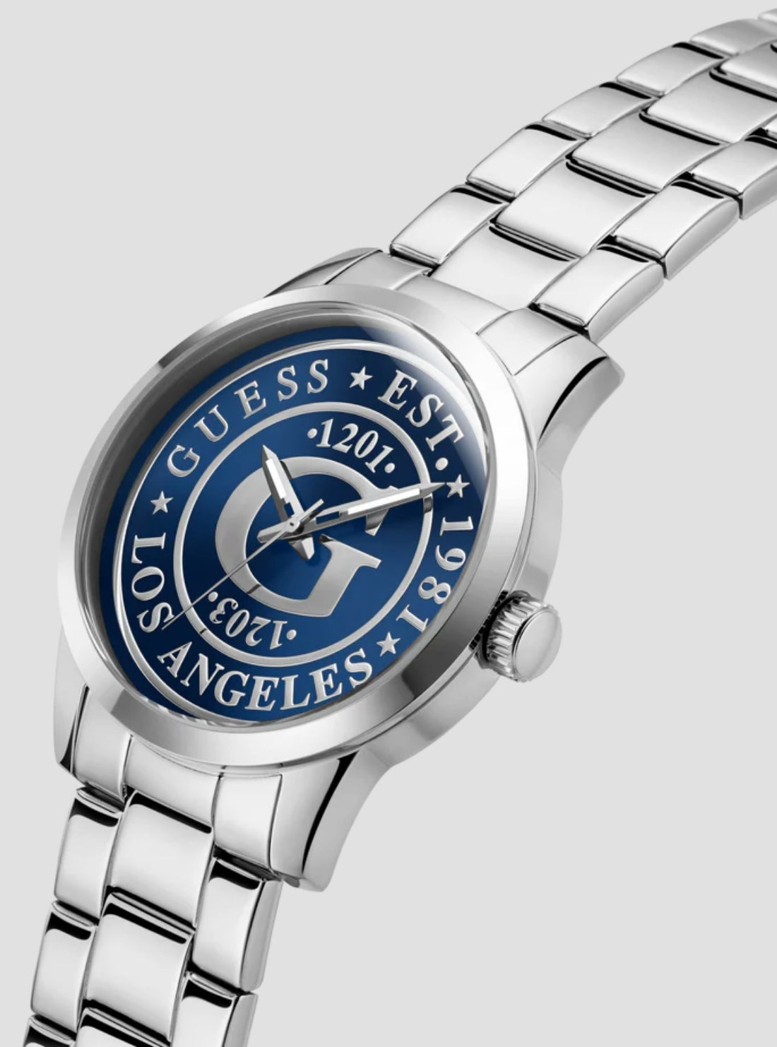 GUESS Accessories Silver Collegiate Blue Dial Watch GW0888G1 Side View
