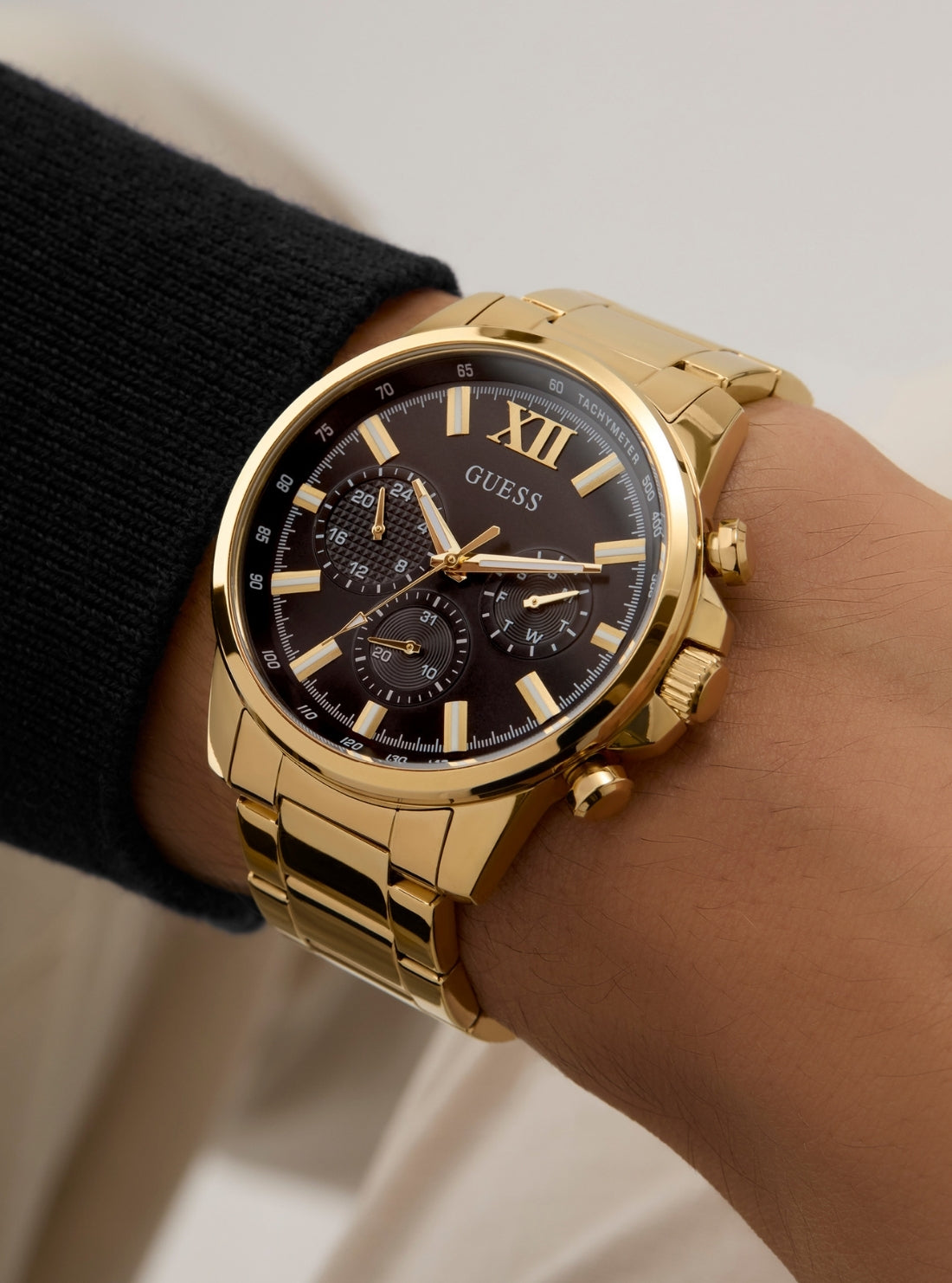 GUESS Accessories Gold Black Dial Walker Watch GW0900G3 Detail View