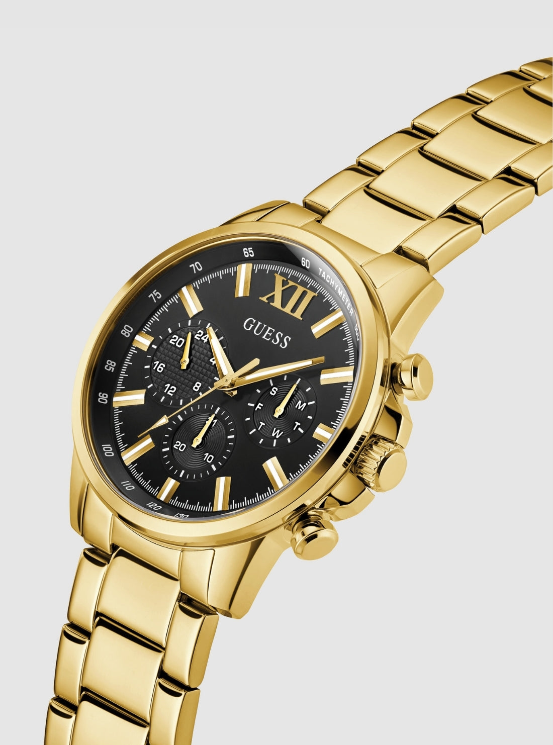 GUESS Accessories Gold Black Dial Walker Watch GW0900G3 Front Side View